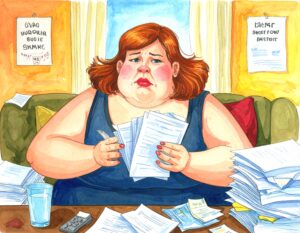Illustration of Kim Laney - Obese woman who is angry about bills