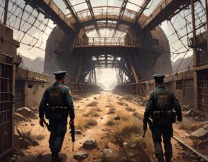 Fresno Police soldiers walk through the destroyed Fresno Fairgrounds Internment Camp