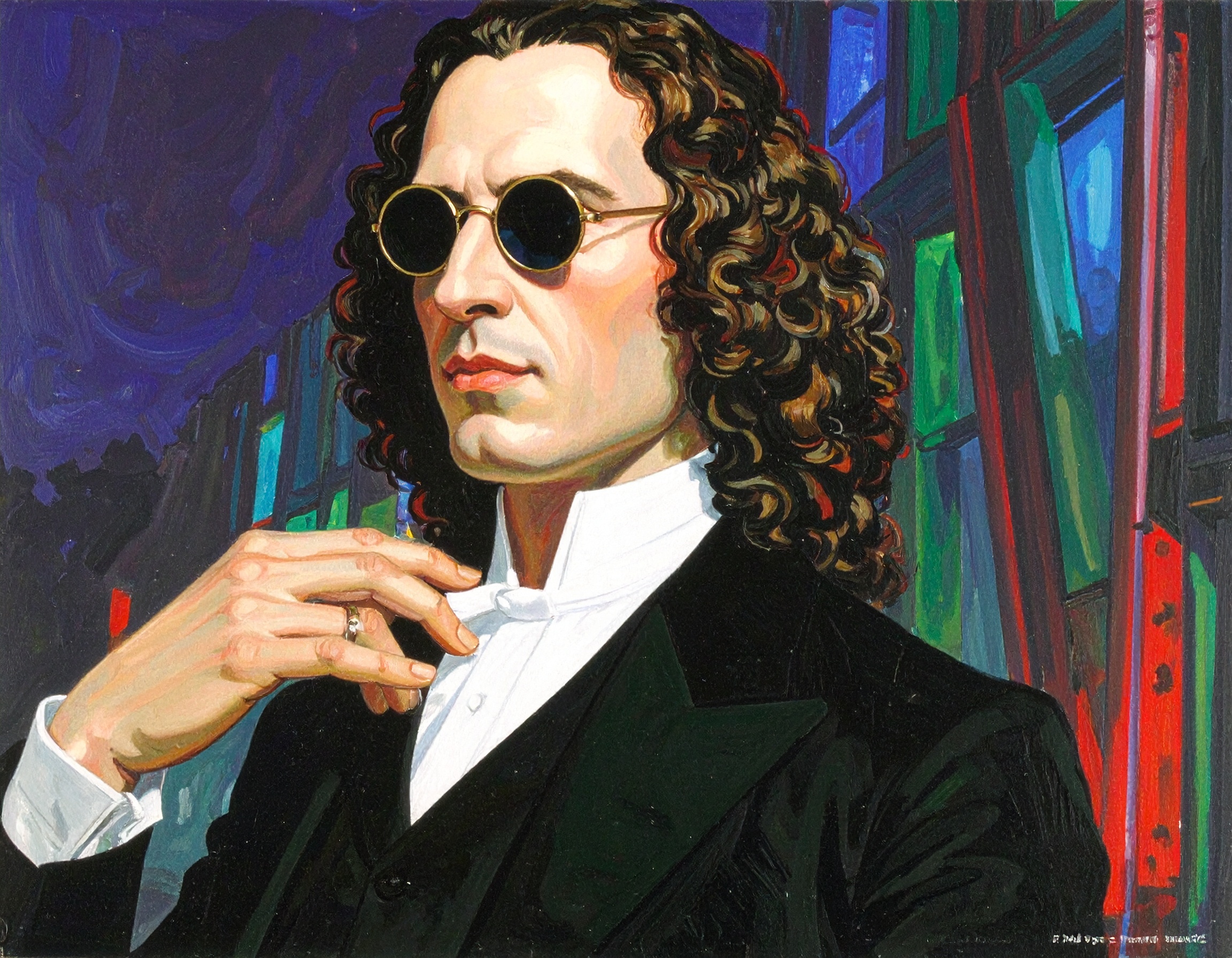 Man with curly hair and glasses in a suit