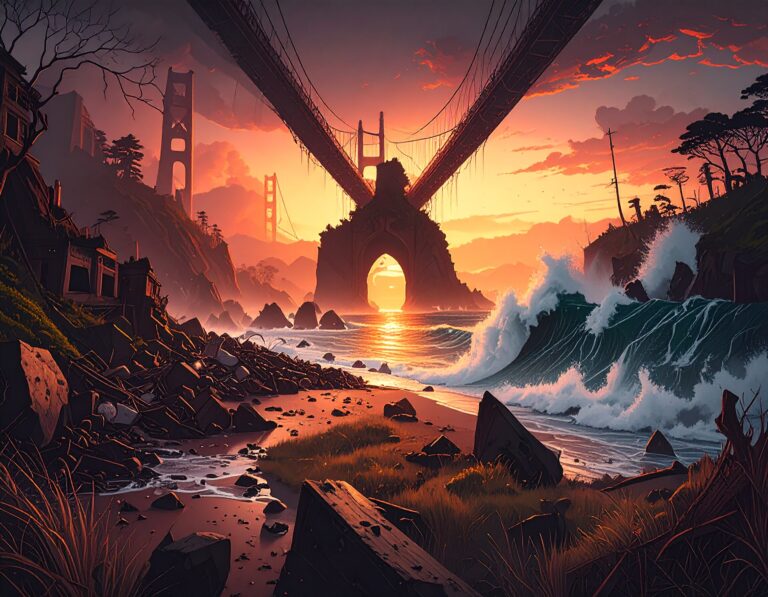 A detailed illustration of a destroyed San Francisco waterfront