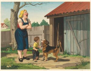Illustration of Kim White of Junction City yelling at a child with a dog