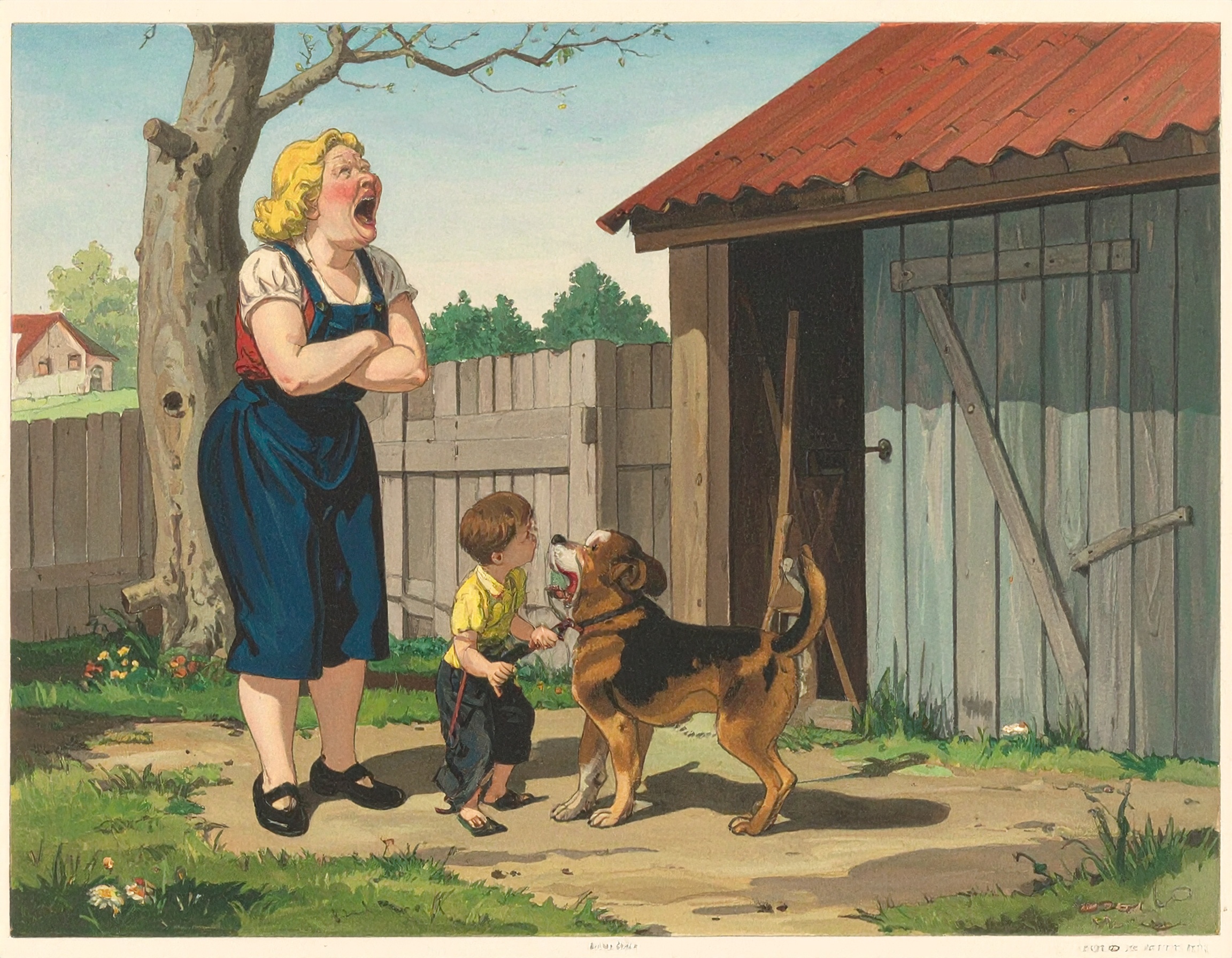 Illustration of Kim White of Junction City yelling at a child with a dog
