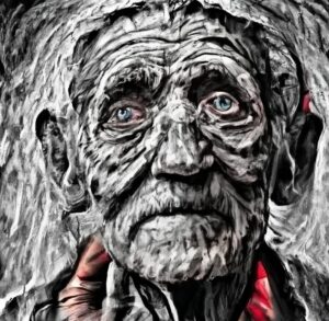 Black and White drawing of elderly Steve Stanton from Junction City Stories