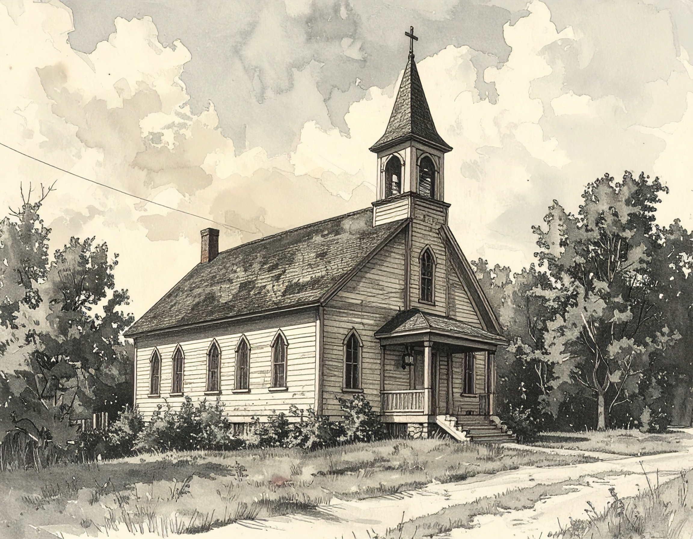 A painting of an old-timey Junction City Churches