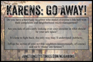 Postcard for Junction City Neighbors to report Karens for mockery