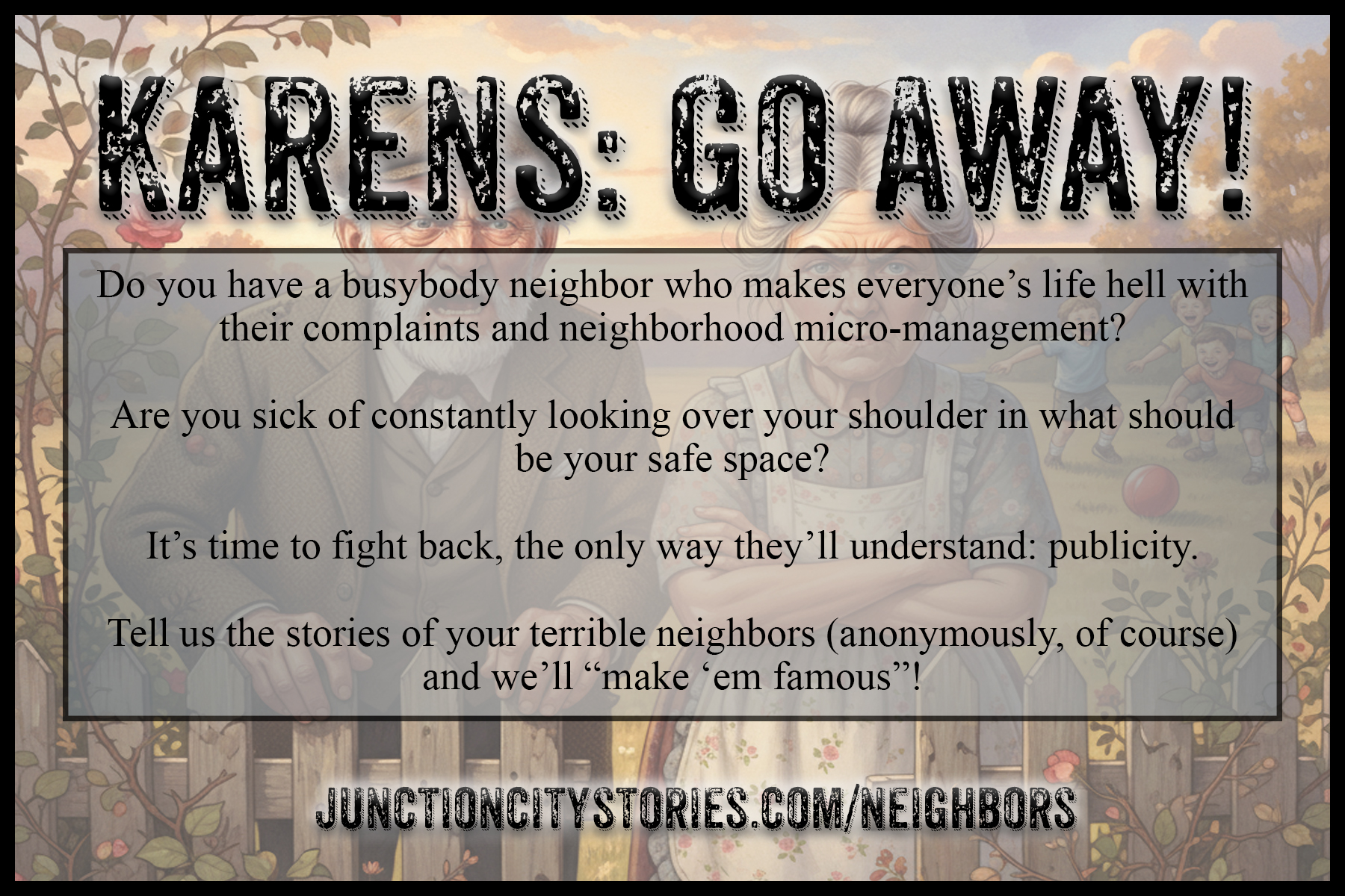 Postcard for Junction City Neighbors to report Karens for mockery