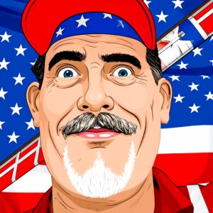 A red-hatted doofus with a goatee in front of an american flag (Norman Huddleson)