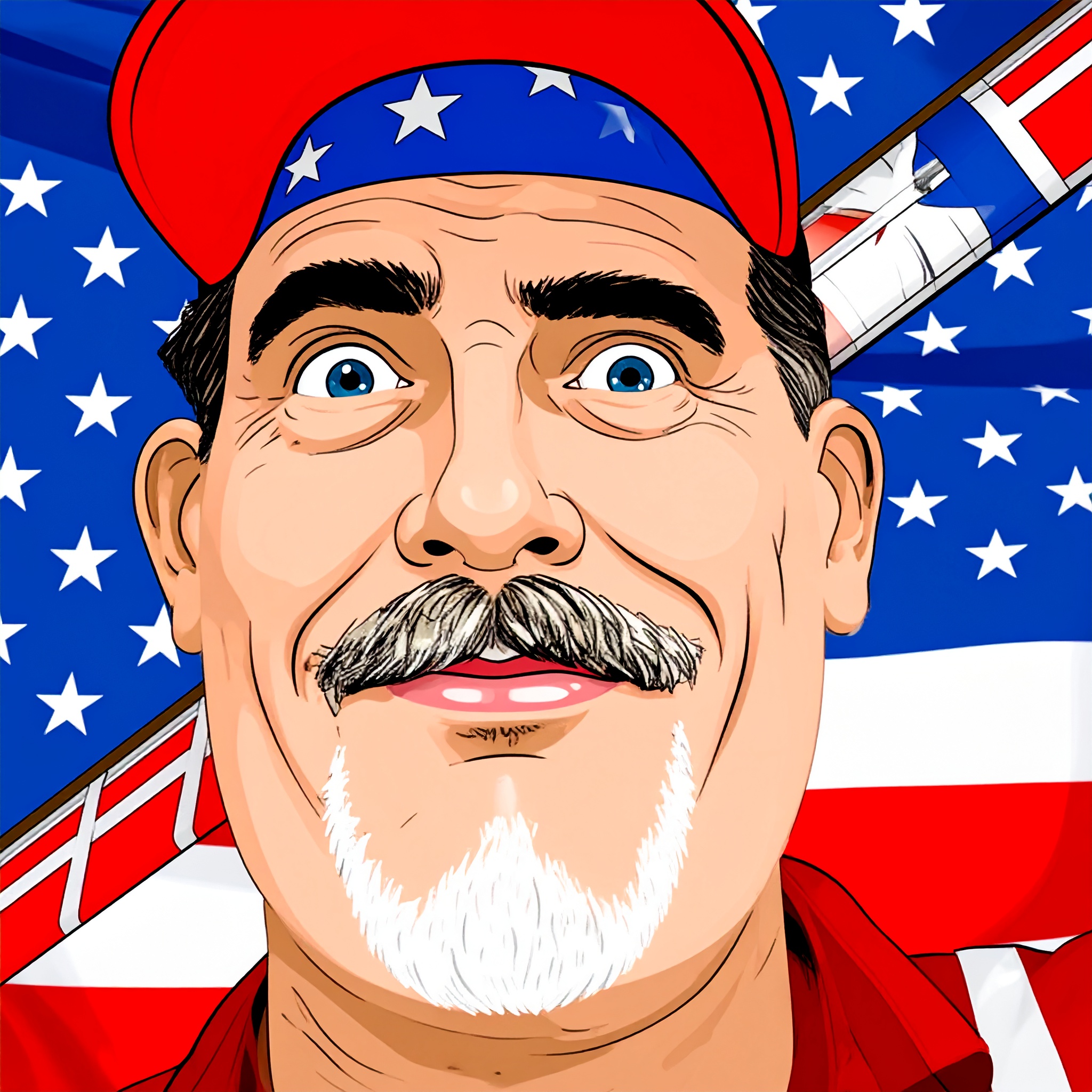 A red-hatted doofus with a goatee in front of an american flag (Norman Huddleson)